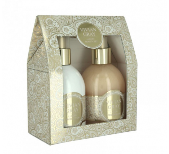 Švaros prekės. Muilas, pasta rankoms plauti. Skysto muilo ir rankų losjono rinkinys Sweet Vanilla 2x300ml