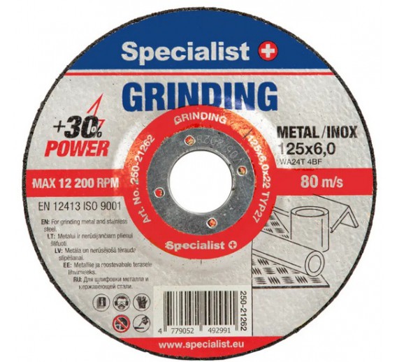 Darbo įrankiai. Įrankių priedai. Šlifavimo medžiagos. Metalo šlifavimo diskai. Šlifavimo diskas Specialist+ d-125x6mm