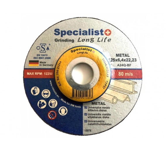 Darbo įrankiai. Įrankių priedai. Šlifavimo medžiagos. Metalo šlifavimo diskai. Šlifavimo diskas Specialist Long life 125x6,4x22,23 mm 