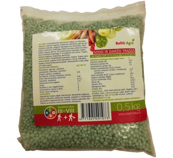 Sodo ir daržo prekės. Trąšos ir durpių substratai. Trąšos. Birios trąšos. Sodo ir daržo trąšos NPK12-11-18, 0.5 kg 