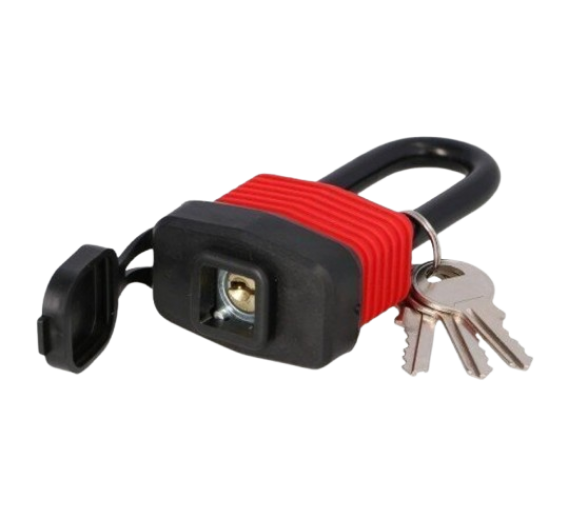 Vidaus apdailos prekės. Durys, jų dalys. Durų furnitūra. Spynos durims, pakabinamos spynos. Pakabinamos spynos. Spyna gumuota 40mm