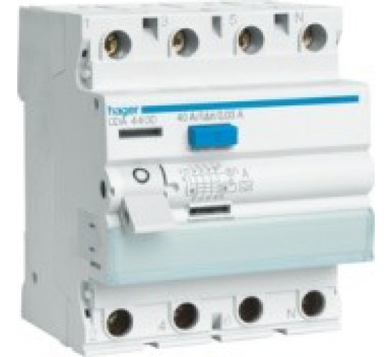 Elektros prekės. Moduliniai automatikos komponentai. Srovės nuotėkių relės. Srovės nuotekio automatinis jungiklis CD441J Hager 4-polių 40A 