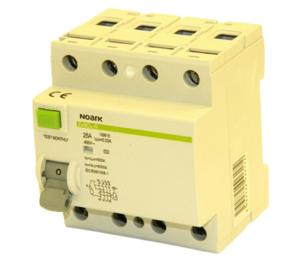 Elektros prekės. Moduliniai automatikos komponentai. Srovės nuotėkių relės. Srovės nuotėkio relė Ex9CL-N 4P 25A NOARK 100616 30mA 