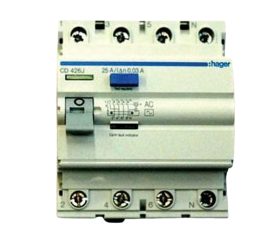 Elektros prekės. Moduliniai automatikos komponentai. Srovės nuotėkių relės. Srovės nuotėkio relė HAGER CD426J 25A 4 polių 