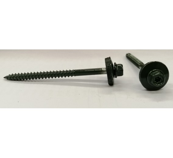 Tvirtinimo detalės. Stoginiai savisriegiai. Spalvoti stoginiai savisriegiai 5,5x80 ir 5,5x100. Stoginis sraigtas 6x100 RAL6020 į medį 