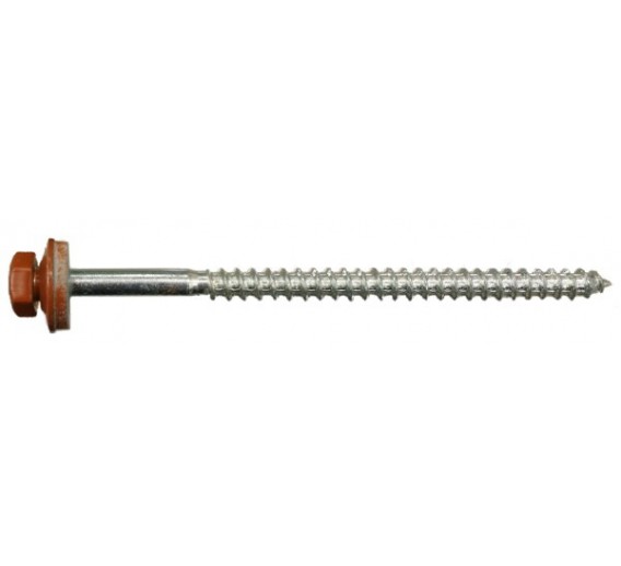 Tvirtinimo detalės. Stoginiai savisriegiai. Spalvoti stoginiai savisriegiai 5,5x80 ir 5,5x100. Stoginis sraigtas 6x100 RAL8004 į medį 
