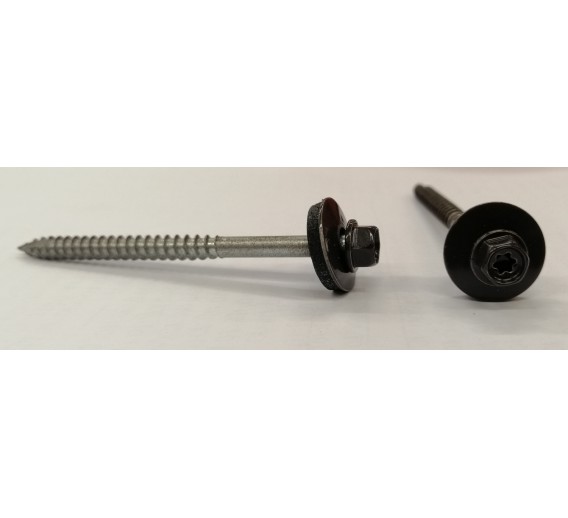 Tvirtinimo detalės. Stoginiai savisriegiai. Spalvoti stoginiai savisriegiai 5,5x80 ir 5,5x100. Stoginis sraigtas 6x100 RAL8019 į medį 