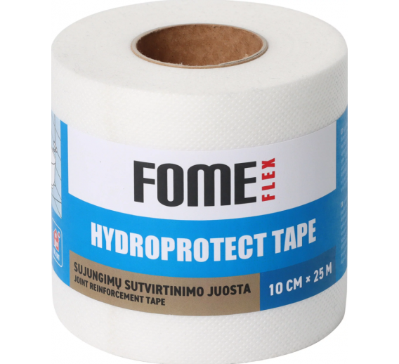 Vidaus apdailos prekės. Hermetikai, montavimo putos, sandarinimo juostos. Sandarinimo juostos. Sujungimų sutvirtinimo juosta Fome Flex HYDROPROTECT 0,1x25 m 