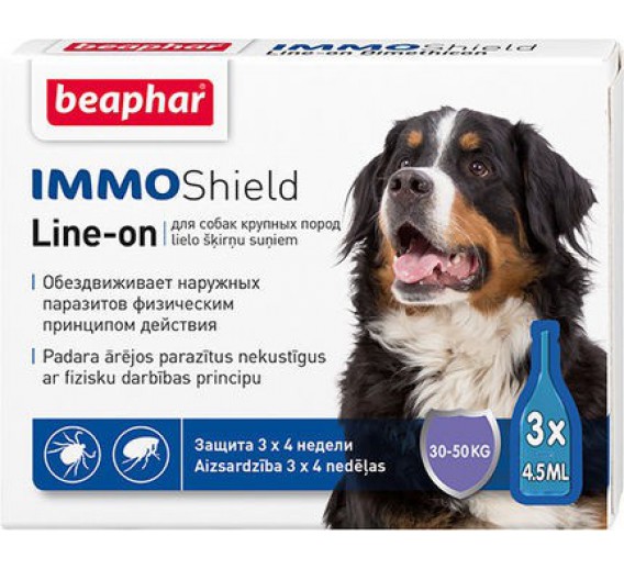 Gyvūnų prekės. Gyvūnėlių priežiūros priemonės. Apsauginės priemonės nuo parazitų naminiams gyvūnams. Šunų lašai Immo Shield didelių veislių šunims 