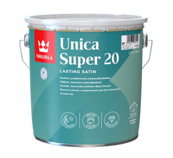 Dažai. Medienos apsaugos ir dekoravimo priemonės. Lakas. Tikkurilla lakas UNICA SUPER 20 pusiau matinis 2,7l 
