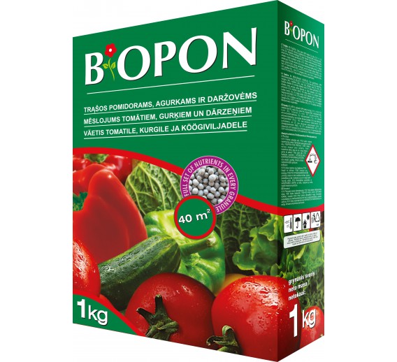 Sodo ir daržo prekės. Trąšos ir durpių substratai. Trąšos. Birios trąšos. Trąšų granulės pomidorams, agurkams ir daržovėms Biopon, 1 kg 