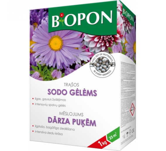Sodo ir daržo prekės. Trąšos ir durpių substratai. Trąšos. Birios trąšos. Trąšų granulės sodo gėlėms Biopon, 1 kg
