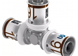 Santechnikos prekės. Vamzdynų sistemos. Vamzdžių sujungimo detalės. Cinkuotas, presuojamas plienas. Trišakis Uponor S-PRESS PLUS 16x16x16mm