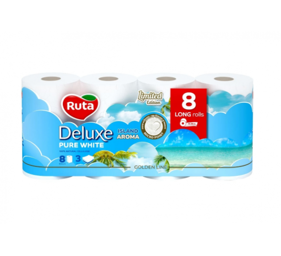 Švaros prekės. Tualetinis popierius, popieriniai rankšluosčiai. Tualetinis popierius Pure White Delux 3 sluoksnių 