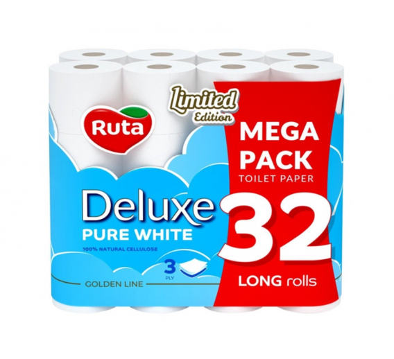 Švaros prekės. Tualetinis popierius, popieriniai rankšluosčiai. Tualetinis popierius Pure White Deluxe 3 sluoksnių 