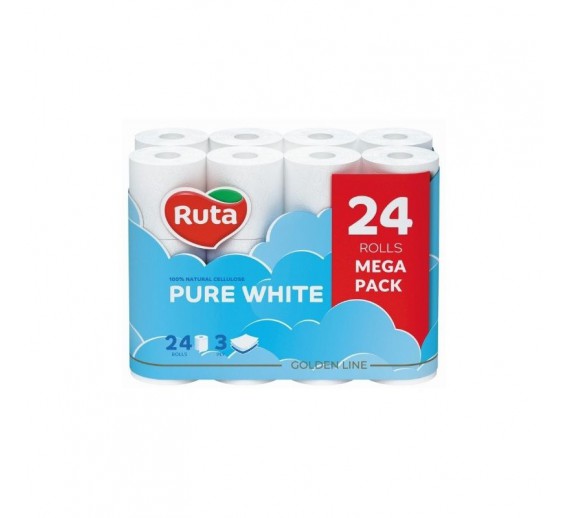 Švaros prekės. Tualetinis popierius, popieriniai rankšluosčiai. Tualetinis popierius Ruta Pure White 3 sl., 24 rul. 