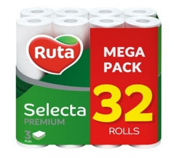 Švaros prekės. Tualetinis popierius, popieriniai rankšluosčiai. Tualetinis popopierius RUTA Selecta 3sl. 32 rul. 