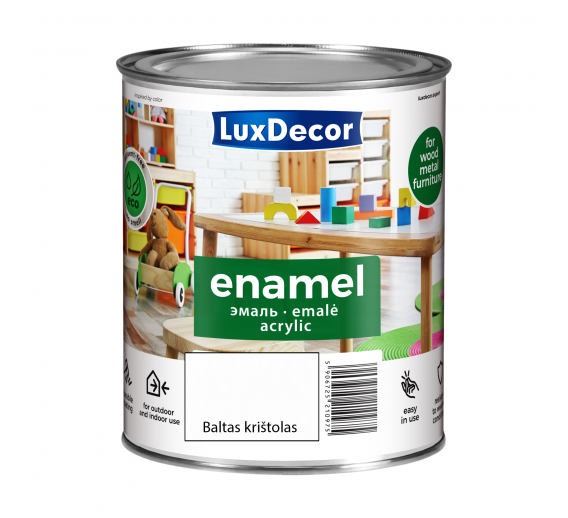 Dažai. Dažai, dažymo įrankiai, dažymo juostos. Emaliniai dažai. Universali emalė LuxDecor blizgi baltas krištolas 0.75l 