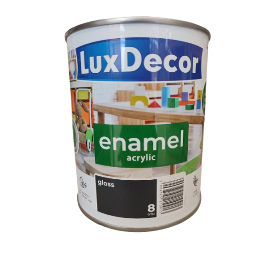Dažai. Dažai, dažymo įrankiai, dažymo juostos. Emaliniai dažai. Universali emalė LuxDecor blizgi juodas deimantas 0.75l 