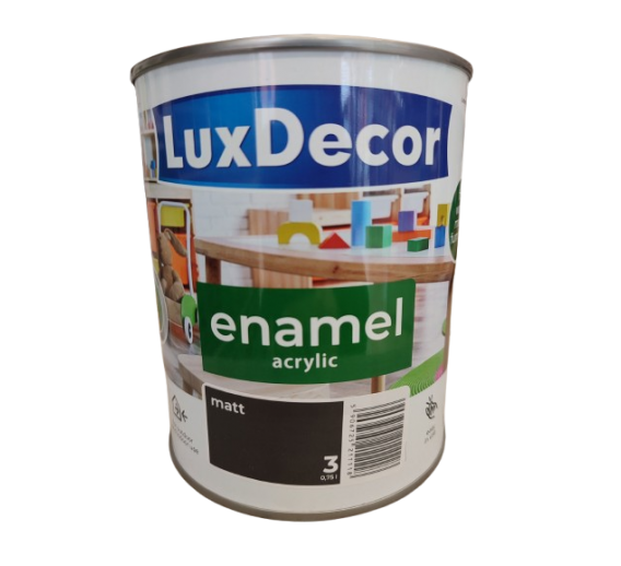 Dažai. Dažai, dažymo įrankiai, dažymo juostos. Emaliniai dažai. Universali emalė LuxDecor matinė absoliutus juodumas 0.75l 