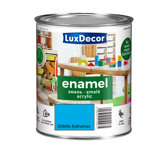 Dažai. Dažai, dažymo įrankiai, dažymo juostos. Emaliniai dažai. Universali emalė LuxDecor matinė did. žydrumas 0.75l 