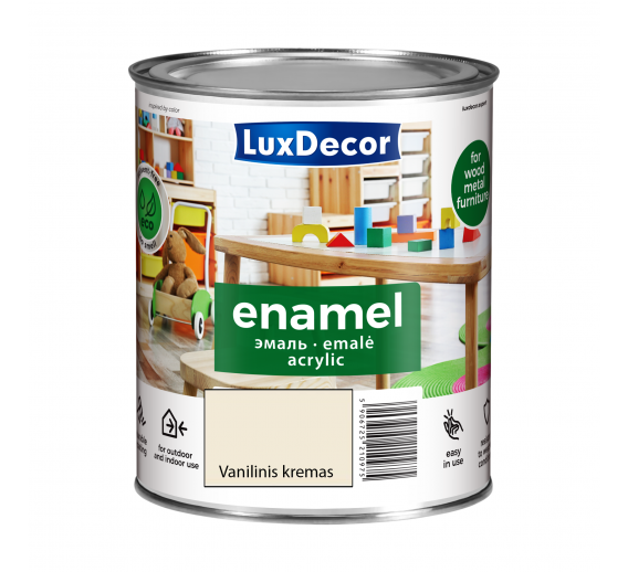 Dažai. Dažai, dažymo įrankiai, dažymo juostos. Emaliniai dažai. Universali emalė LuxDecor matinė vanilinis kremas 0.75l 