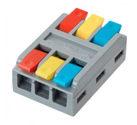 Elektros prekės. Laidai ir kabeliai. Kabelių priedai, jungtys. Gnybtai, įvairios laidų ir kabelių jungtys. Universali laidų jungtis 3/3 0,5-4mm 2vnt. 