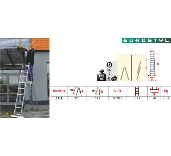 Metalų gaminiai . Kopėčios. Aliuminės kopėčios. Buitinės kopėčios. Universalios kopėčios TYP-7511, 2 dalių, 315-513 cm 