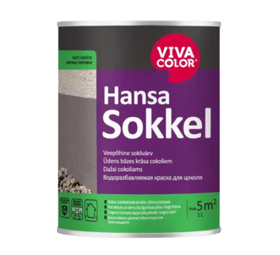 Dažai. Dažai, dažymo įrankiai, dažymo juostos. Fasadiniai dažai. Vandeniniai cokolių dažai VIVACOLOR Hansa Sokkel A 0,9l 