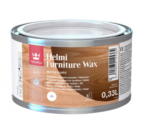 Dažai. Medienos apsaugos ir dekoravimo priemonės. Impregnantai-dažyvės su vaško priedais. Vaškas Tikkurila Helmi Furniture Wax baltas 0.33l 