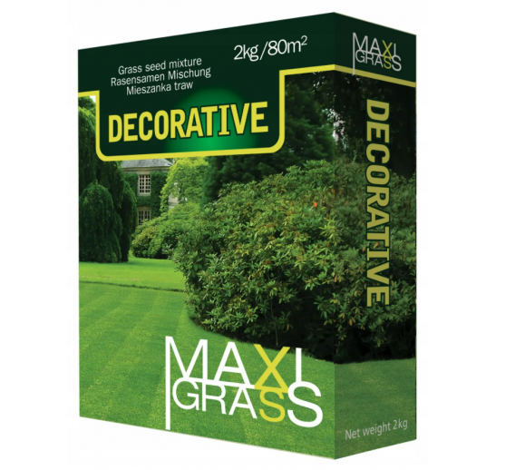 Sodo ir daržo prekės. Sėklos, daigyklos, durpinės tabletės. Vejos žolių sėklos. Vejos žolių mišinys MaxiGrass Decorative, 2kg dėž 