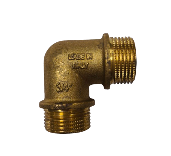 Santechnikos prekės. Vamzdynų sistemos. Vamzdžių sujungimo detalės. Žalvarinės jungtys. Žalvarinės alkūnės. Žalvarinė alkūnė su atrama išoriniu sriegiu 3/4