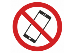 Darbo saugos prekės. Saugos ženklai, aptvėrimo juostos. Ženklas Draudžiama naudotis mobiliuoju telefonu, 150x150mm 