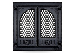 Metalų gaminiai . Ketaus gaminiai. Židinio durelės su stiklu 460x460 mm