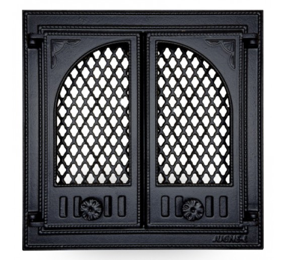 Metalų gaminiai . Ketaus gaminiai. Židinio durelės su stiklu 460x460 mm