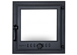 Metalų gaminiai . Ketaus gaminiai. Židinio durelės su stiklu Z-4bk 470x470 mm