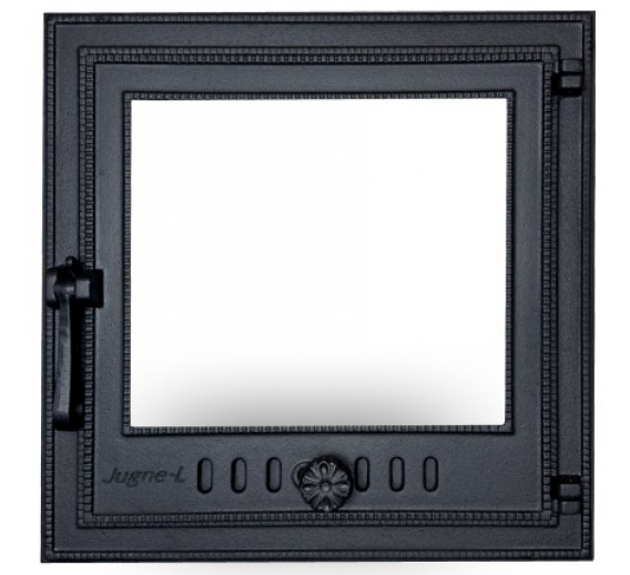 Metalų gaminiai . Ketaus gaminiai. Židinio durelės su stiklu Z-4bk 470x470 mm