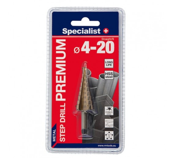 Darbo įrankiai. Įrankių priedai. Grąžtai metalui. Pakopiniai grąžtai metalui. Žingsninis grąžtas Specialist+ Premium 4-20 mm 